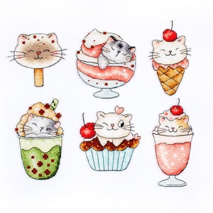 Summer Kitties - Cross-stitch kit on Aida 16 count canvas. Cute Kittens in Ice-cream. Cats Cross Stitch Patterns by LetiStitch L8089