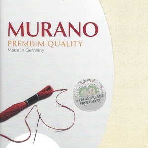 May include: Aida cloth precut for cross stitch, labeled "Murano Premium Quality" by Zweigart. The fabric is beige and comes with a free chart. The package includes a red embroidery floss and needle. The fabric measures 19 inches by 27 inches, or 48 cm by 68 cm.
