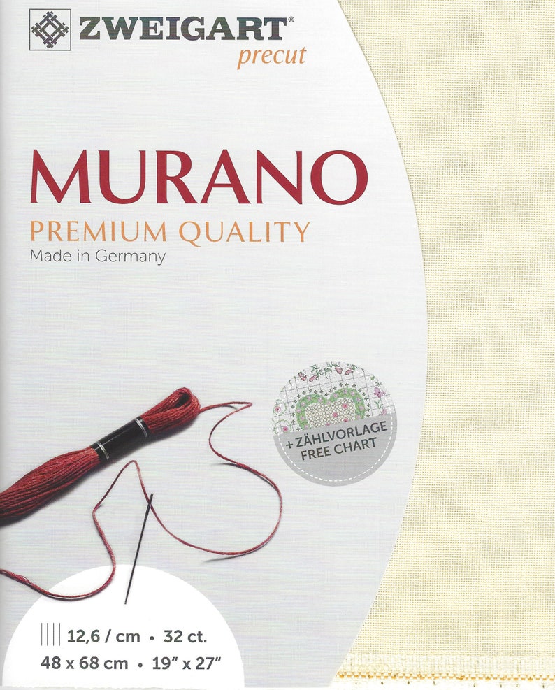May include: Aida cloth precut for cross stitch, labeled "Murano Premium Quality" by Zweigart. The fabric is beige and comes with a free chart. The package includes a red embroidery floss and needle. The fabric measures 19 inches by 27 inches, or 48 cm by 68 cm.