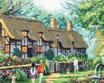 Country House with Fountain cross-stitch kit on Aida 16 count canvas. Hut in Village Stitch kit by Charivna Mit M-448C
