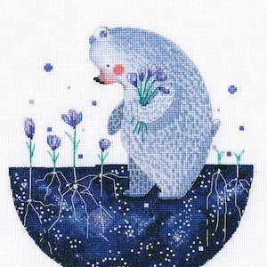 Teddy Bear with Violets cross-stitch kit on Aida 16 count canvas. Falling Stars Monochrome Animal. Cross Stitch kit by RTO M813