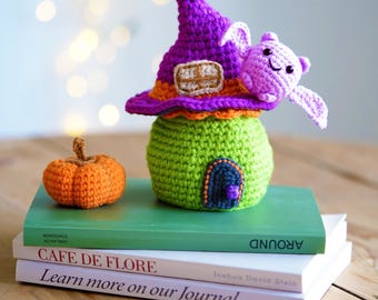 DIY Crochet Kit - Little Witch House with Bat. Handmade Crochet Craft Kit. Halloween Amigurumi by Wizardi F07N8-M103