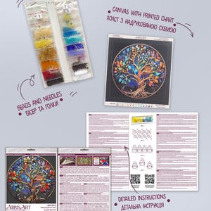 May include: A craft kit containing a printed canvas with a tree design, beads, needles, and instructions. The kit includes small bags of coloured beads. The canvas art is labelled "The Color of Life". The kit is from Abris Art.