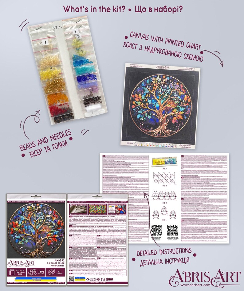 May include: A craft kit containing a printed canvas with a tree design, beads, needles, and instructions. The kit includes small bags of coloured beads. The canvas art is labelled "The Color of Life". The kit is from Abris Art.