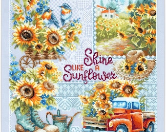 Counted Cross-Stitch Kit - 'Shine like a Sunflouer!'. Pattern on Aida 16 Count Canvas. Sunflowers Embroidery Kit by Magic Needle 540-704