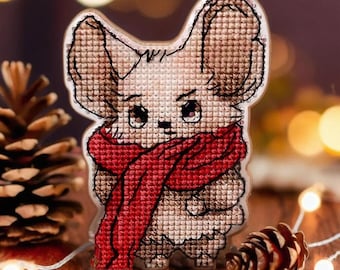 Mouse in a Scarf Cross-stitch kit on a Plastic Base. Cute Mouse Embroidery kit. Animal Cross stitch Pattern by Wonderland Crafts FLX-003