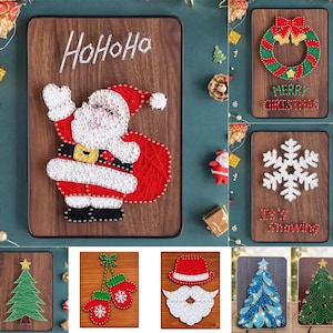 May include: A collection of rectangular wooden wall art pieces featuring string art designs of Christmas themes including Santa Claus with the text HoHoHo, a wreath with Merry Christmas, a snowflake with It's Snowing, trees, mittens, and a beard.