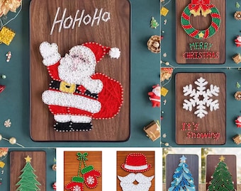 May include: A collection of rectangular wooden wall art pieces featuring string art designs of Christmas themes including Santa Claus with the text HoHoHo, a wreath with Merry Christmas, a snowflake with It's Snowing, trees, mittens, and a beard.