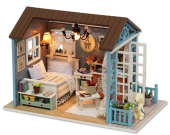Wizardi Roombox Kit - Summer Terrace. DIY Home Decor Dollhouse Kit with Furniture and LED Light. Gifts Craft Box F07M5-12-8007-A