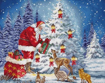 Santa Counted Cross Stitch Kit – Heartwarming Christmas Scene with Santa & Woodland Animals by Letistitch L8200
