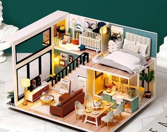 Wizardi Roombox Kit - House by the Sea. DIY Home Decor Dollhouse Kit with Furniture and LED Light. Gifts Craft Kit F07M5-3-L-031-A