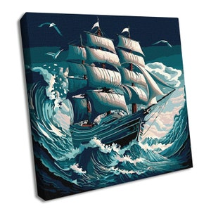 May include: A painting of a large sailing ship with white sails, navigating through a stormy sea with large, blue waves. The ship is dark blue and brown, with a dark blue background.