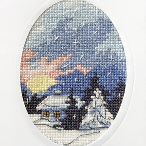 Carte postale au point de croix coucher de soleil d'hiver pour cadeaux. Broderie. Carte de maison de Noël. Point de croix par Orchidea 6151