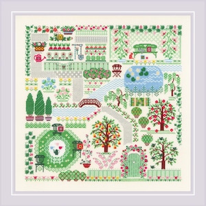 May include: A colorful cross-stitch pattern featuring a whimsical garden scene with trees, flowers, a pond, a bridge, and a tea party. The pattern is perfect for needlepoint and embroidery projects.