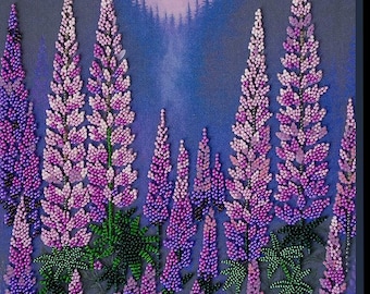 Bead Embroidery Kit - Moonlight. Night Forest with Purple Flowers Beadwork Design by Abris Art AB-952