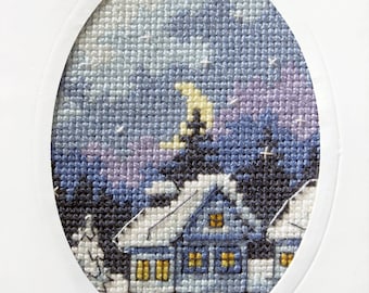 Winter Hut with Moon Cross Stitch Postcard for Gifts. Embroidery. Christmas House Card. Cross Stitch by Orchidea 6152
