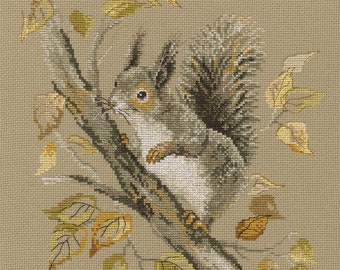 Squirrel cross-stitch kit on Aida 14 count canvas. Monochrome little Animal. Cross Stitch kit by RTO M577