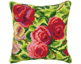 Roses Cross Stitch Cushion Kit. Floral Handmade Pillow Cover Kit by Orchidea 99084