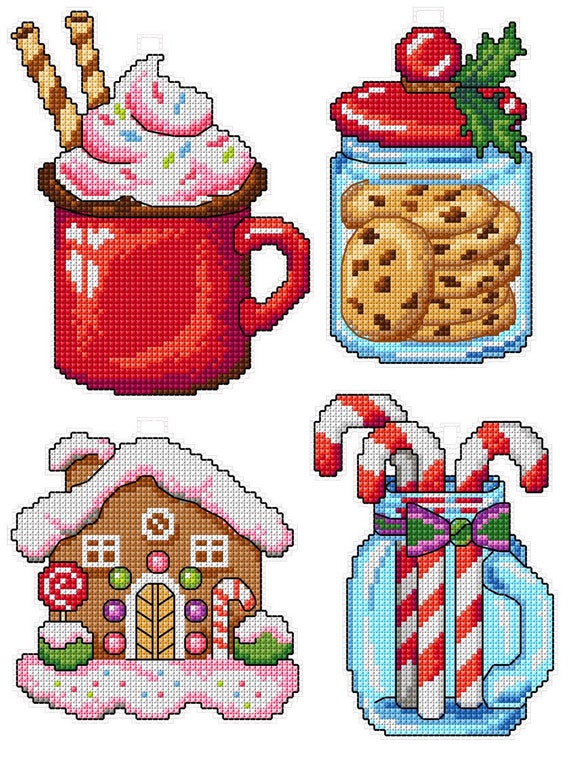 Christmas Sweets. Hot Chocolate, Gingerbread House - counted cross-stitch kit on the  plastic canvas with 4 patterns. Crafting Spark 119CS