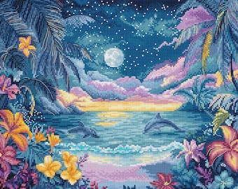 Blue Mirage - Counted Cross-Stitch Kit. Tropical Beach with Dolphins Under Moonlit Sky Embroidery Pattern by Letistitch L9951