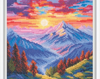 Counted Cross Stitch Kit – Colour of the Sun. Bright Sunset Mountain Landscape Embroidery Pattern for Handmade Wall Art by RTO M1027