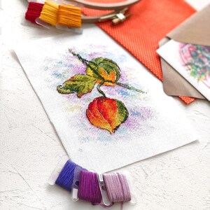 May include: Cross stitch pattern of a branch with two orange and yellow Chinese lanterns with green leaves on a white background. The pattern is surrounded by embroidery floss in various colors.
