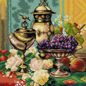 May include: A still life painting featuring a silver pitcher, a silver vase filled with purple grapes, and white roses on a red and green tablecloth.