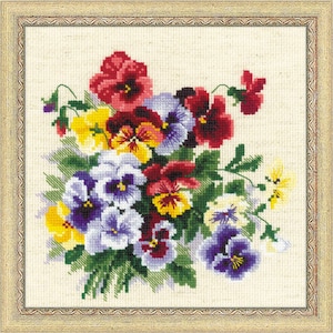May include: A cross-stitch embroidery design featuring a bouquet of colorful pansies in shades of purple, yellow, red, and white. The pansies are arranged in a cluster with green leaves and stems.