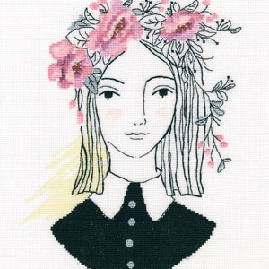 Girl with Flowers cross-stitch kit on Aida 18 count canvas. Fantasy Fairy with Pink Flowers.  Cross Stitch kit by RTO M729