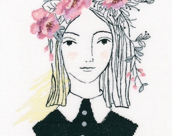 Girl with Flowers cross-stitch kit on Aida 18 count canvas. Fantasy Fairy with Pink Flowers.  Cross Stitch kit by RTO M729