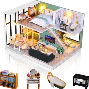 Wizardi Roombox Kit. DIY Home Decor Dollhouse Kit with Furniture and LED Light. Doll House Craft Model F07M5-15-M039-A