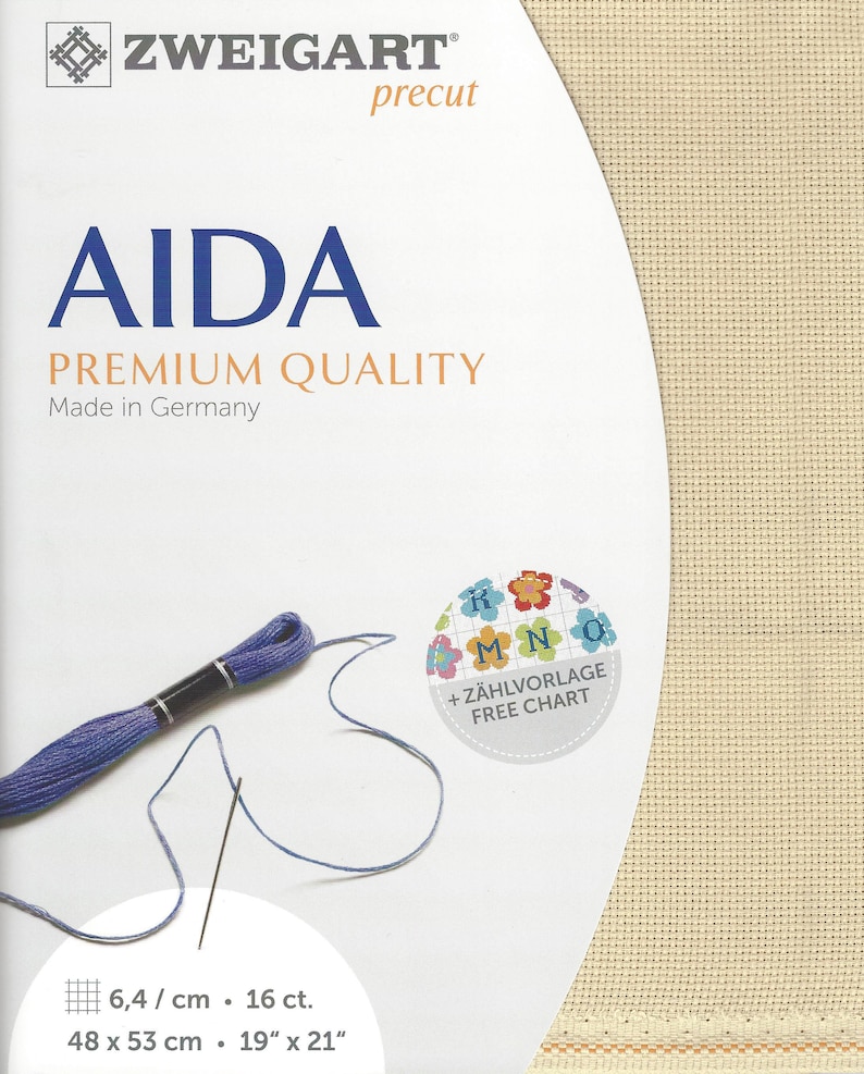 May include: Zweigart Aida premium quality fabric in beige, measuring 19 inches by 21 inches or 48 cm by 53 cm. The packaging includes a skein of purple embroidery floss, a needle, and a free chart featuring colorful flower illustrations.