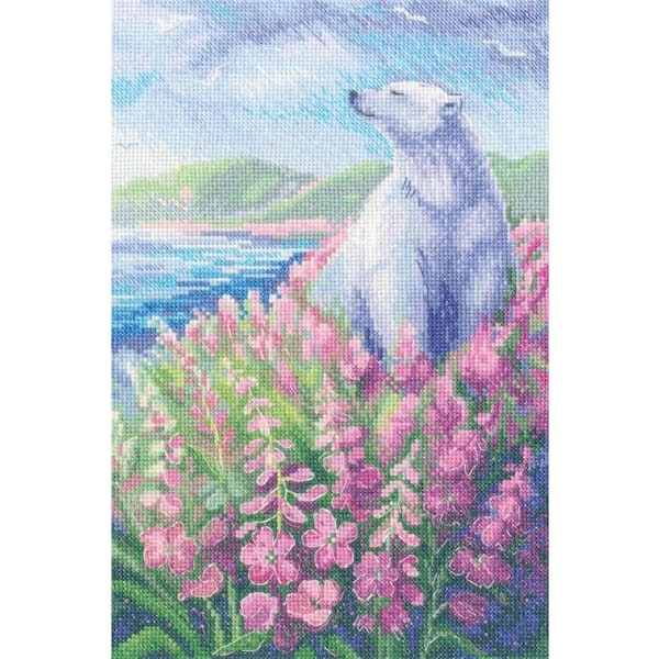 Polar Bear near Lake and Flowers cross-stitch kit on Aida 14 count canvas. Arctic Summer. Cross Stitch kit by RTO M972