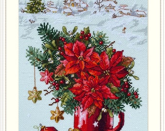 Christmas Red Flowers  cross-stitch kit on Aida 16 count canvas. Christmas Tree . Poppies, Chamomiles Cross Stitch kit by Merejka K-194
