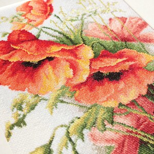 May include: Cross-stitch artwork featuring a vibrant bouquet of red and orange poppies with green foliage. The needlework is detailed, showcasing the texture of the stitches. The artwork is framed in a white border.
