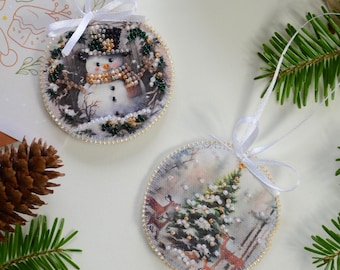 Bead Embroidery Kit Decoration - Winter Guest. DIY Christmas Decoration on Printed Canvas. Bead Embroidery Pattern by Abris Art ABT-031