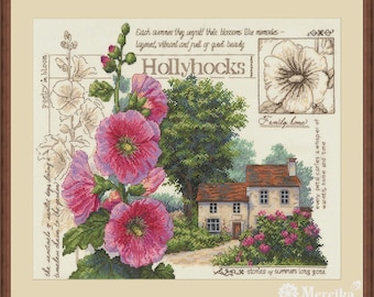 May include: A framed cross-stitch embroidery featuring vibrant pink hollyhocks, a stone cottage, and a large green tree. The text reads: Each summer they unfold their blossoms like memories, Hollyhocks, Family home, poetry in bloom, and stories of summers long gone.