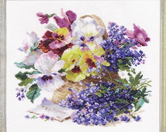 Pansies and Field Flowers cross-stitch kit on Aida 14 count canvas. Easy & Fast Cross Stitch kit by Alisa 2-24