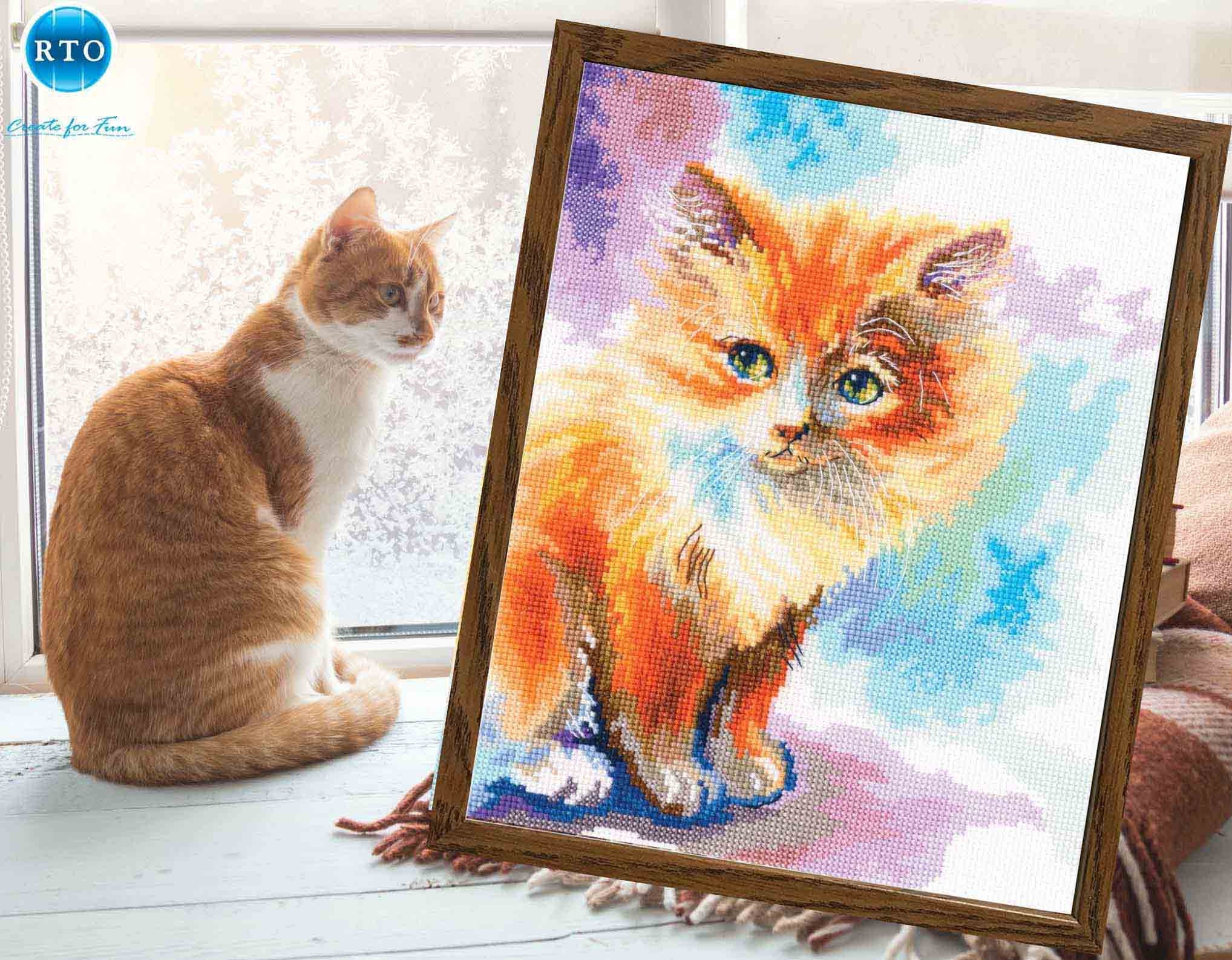 Sunny Cat. Ginger Cat Cross-stitch Kit on Aida 16 Count Canvas