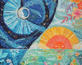 Spring equinox - Counted Cross-Stitch Kit. Change of day Cross Stitch. Moon and Sun Embroidery Pattern. Needlecraft kit by Abris Art AH-206