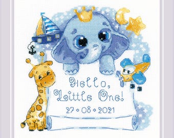Hello, Little One! (for boy) - Counted Cross Stitch Kit. Baby Announcement Embroidery Pattern by Riolis R1935
