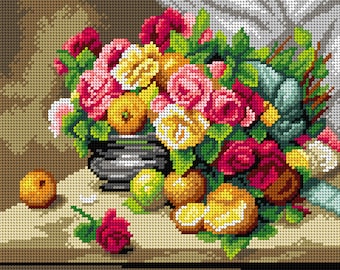 Gobelin canvas for halfstitch without yarn after Georges Jeannin - Still Life of Roses and Citrus Fruit. by Orchidea 3472H