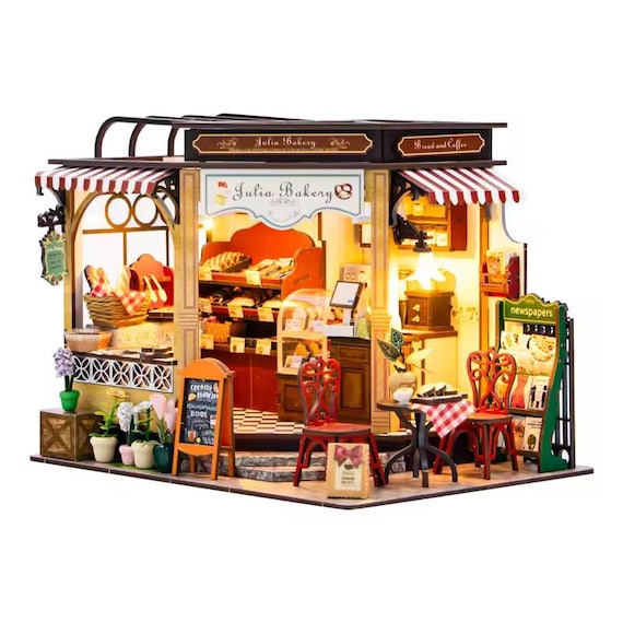 Julia Bakery Wizardi DIY Miniature Kit - Cozy Artisan Bakery with Cakes. Bread & Furniture. Handmade Roombox Dollhouse F07M5-29-M2422