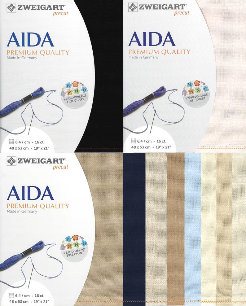 May include: Zweigart Aida premium quality fabric in black, white, and various neutral tones. Each package features the brand name, a blue embroidery thread skein, and a free chart sticker. Labels indicate 6.4 stitches per cm, 16 count, and 19 by 21 inches.