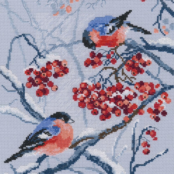 Bullfinch with Rowan Cross Stitch kit.  Cross Stitch Pattern on Aida 14 count canvas. Cross Stitch by RTO M578