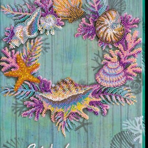 Wreath of Shells Beaded Embroidery Kit on Fabric. DIY Coastal Beadwork Kit for Handmade Nautical Art by Abris Art AB-596