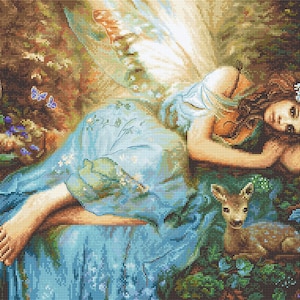 Fantasy Fairy with Deer cross-stitch kit on Aida 16 count canvas. Pixy Girl.  Cross Stitch kit by LetiStitch Leti960