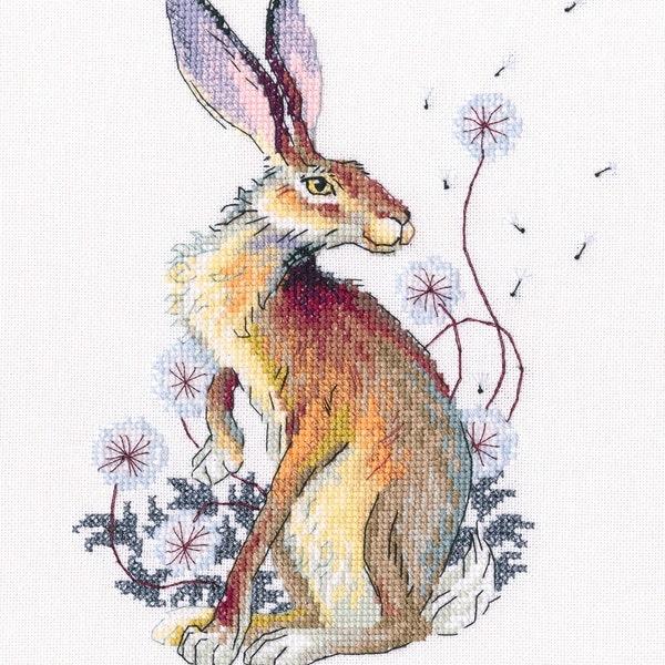 Rabbit among Dandelions cross-stitch kit. Monochrome Bunny Animal. Easy & Fast Cross Stitch kit by RTO M788