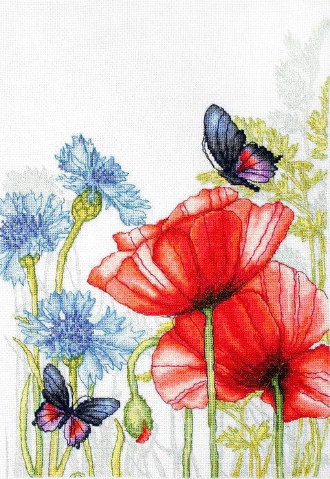 Poppies and Butterfly Cross-stitch Kit on Aida 16 Count Canvas