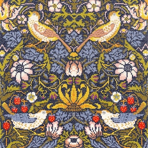 May include: A detailed cross-stitch pattern featuring symmetrical birds, flowers, and berries. The design uses a rich color palette of navy blue, yellow, pink, and green. The birds are perched on branches, and the flowers and berries are interspersed throughout the pattern.